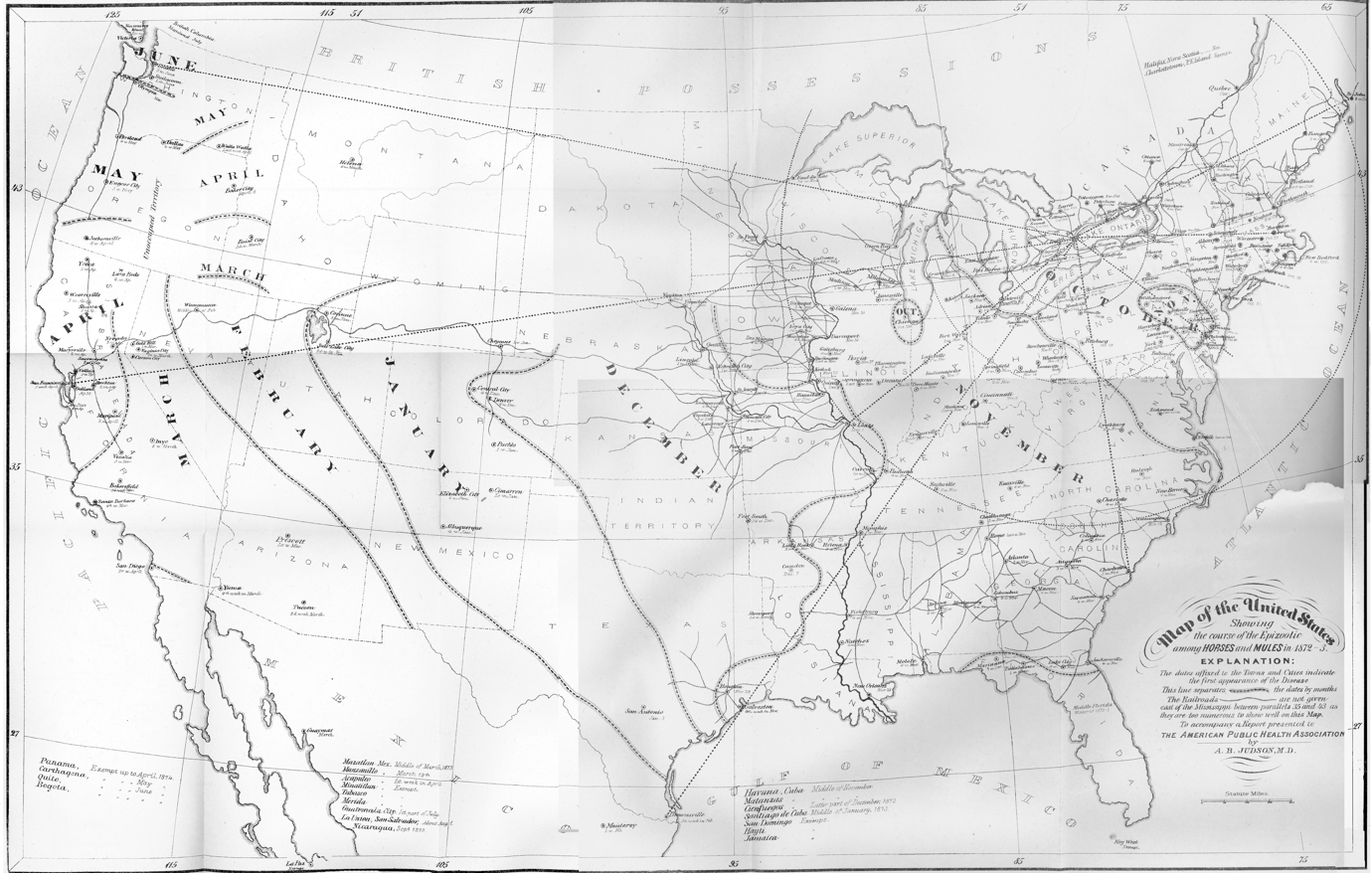 Adoniram B. Judson's 1873 map, showing the month-by-month spread of the epizootic. 