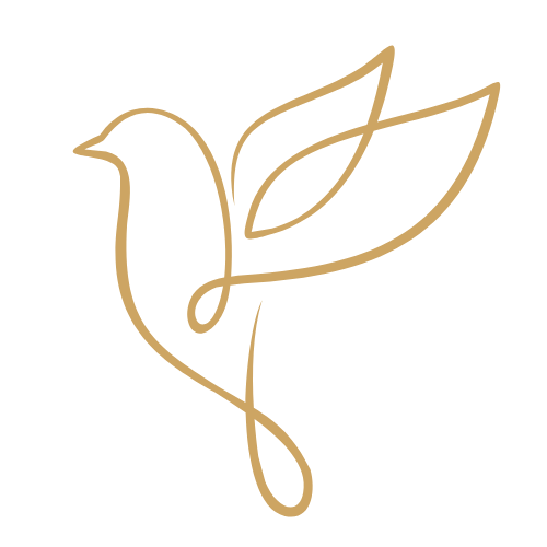 A minimalist line drawing of a bird with leaves, in gold color on a black background.