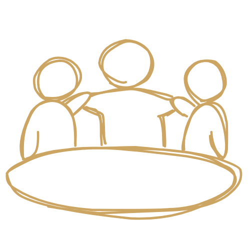 Line drawing of four people sitting around a table with arms around each other's shoulders, symbolizing team unity or collaboration.
