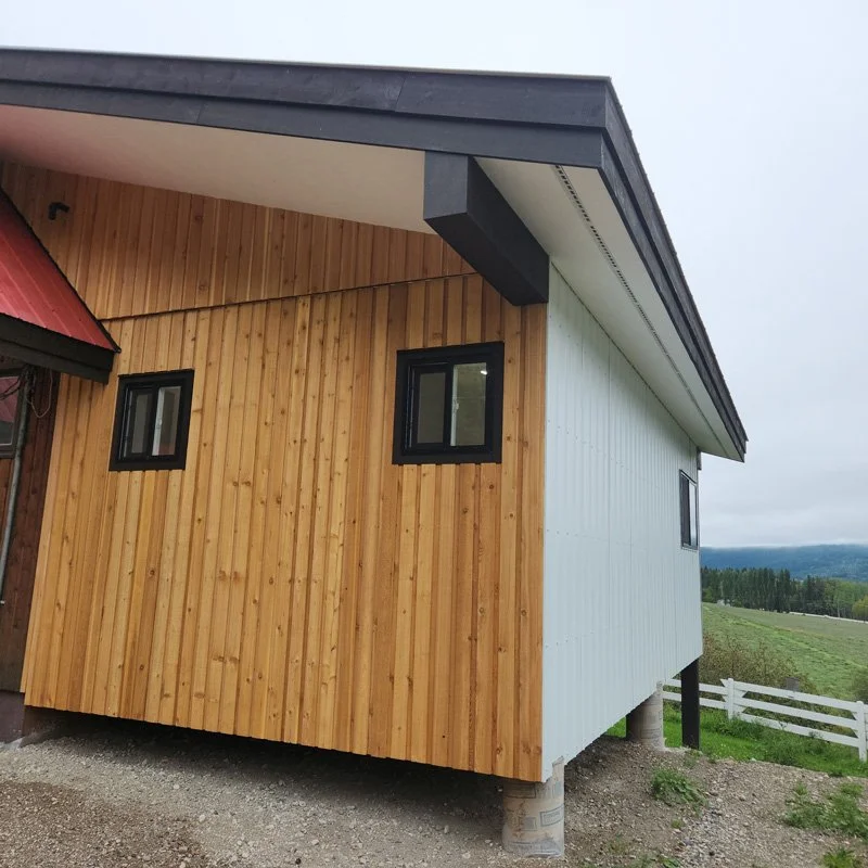 Part of a house with wooden siding, black-framed windows, and a metal roof, with a rural landscape in the background.