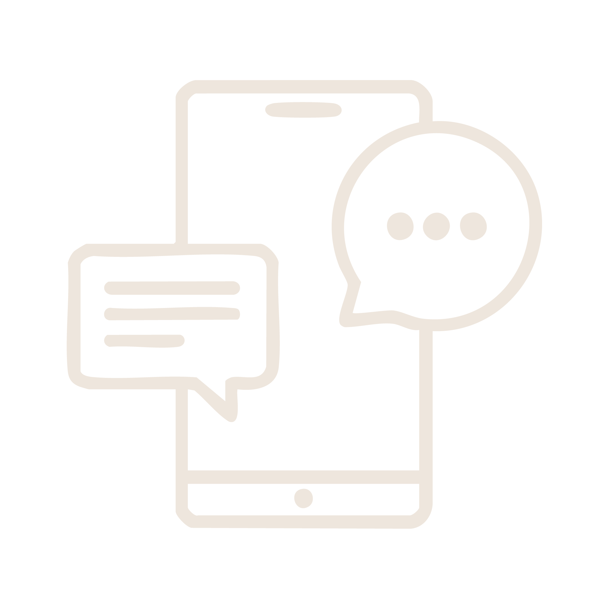 Outline of various electronic devices, including a smartphone, a tablet, a laptop, and a speech bubble with three dots.