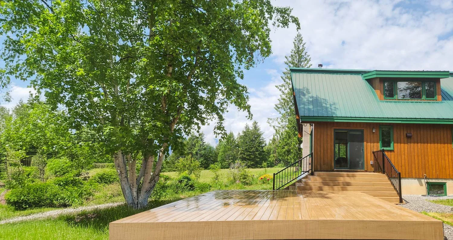 View of a wooden house with green metal roof, surrounded by lush trees and plants on a sunny day.