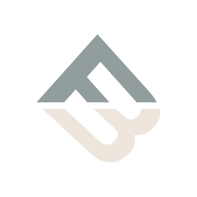 A stylized logo with a gray mountain shape, a white curved line, and a black background.