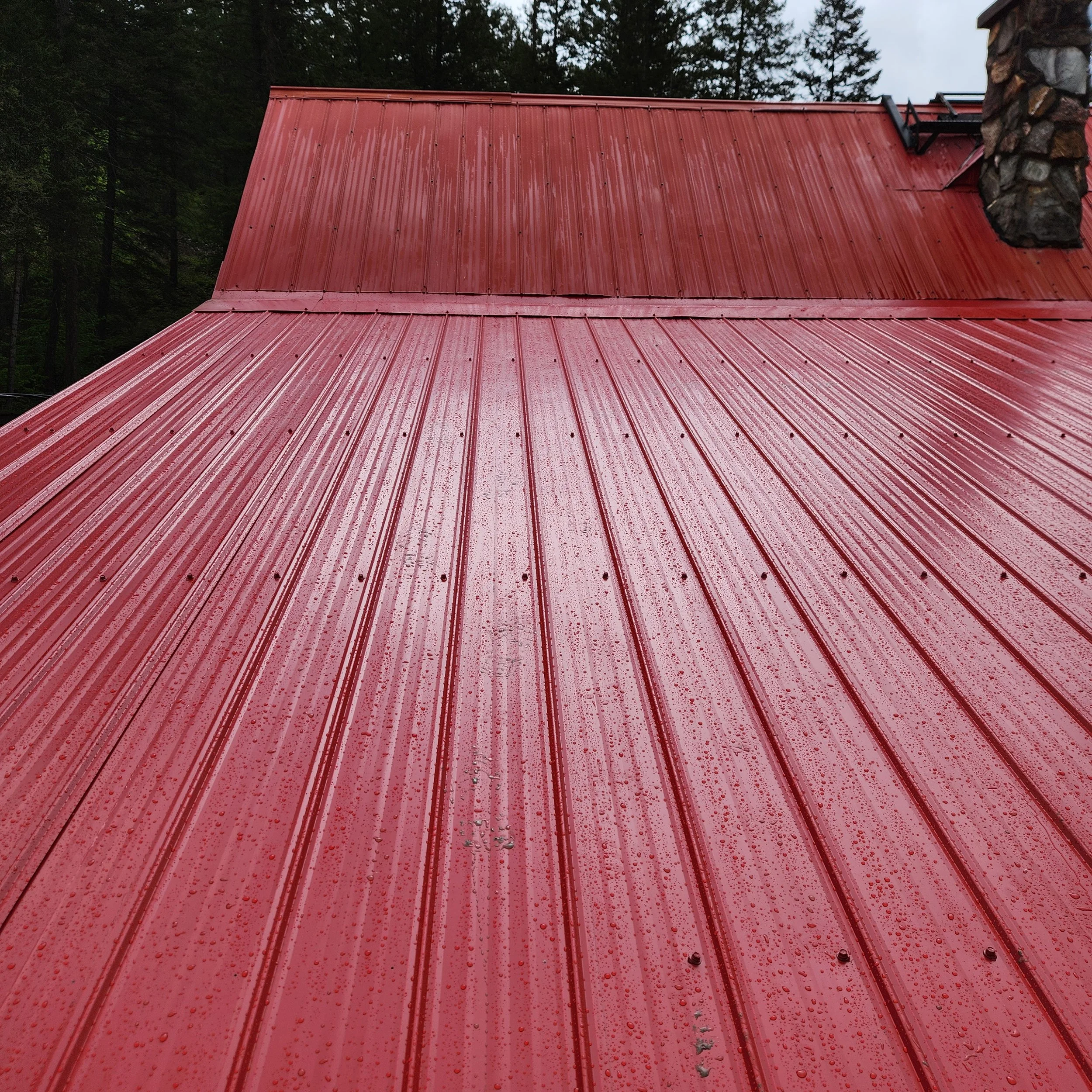 Red metal roof with rain droplets, part of a building with a stone chimney on the right side, surrounded by trees in the background.