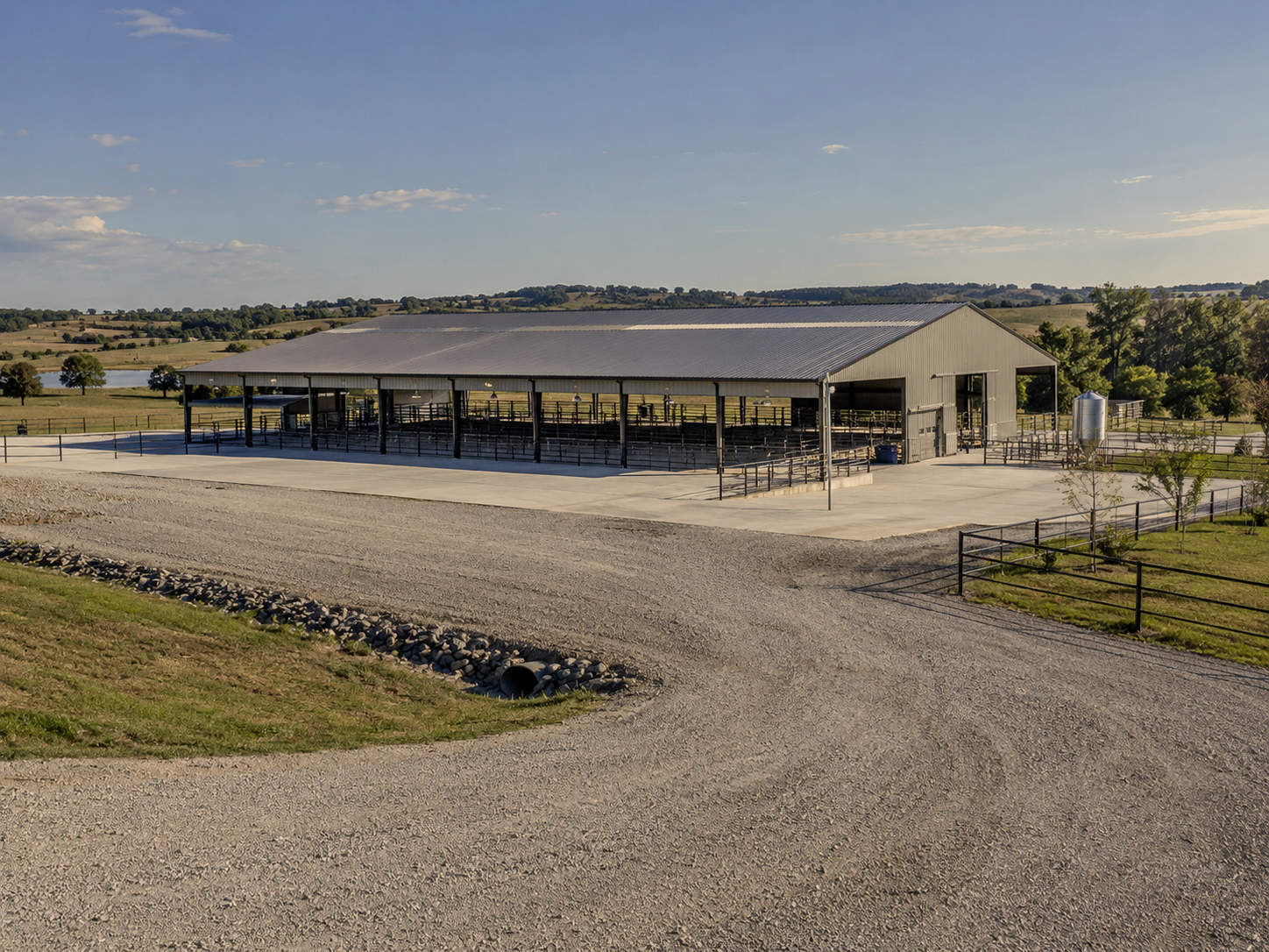 An agriculture building with a new gravel driveway and pad in Oklahoma.