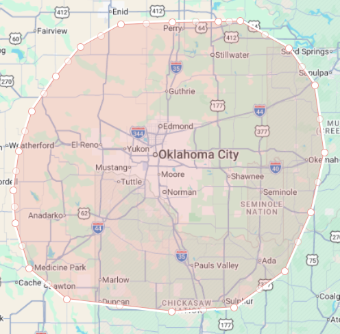 Map of Oklahoma City and surrounding areas, with a highlighted circular boundary.