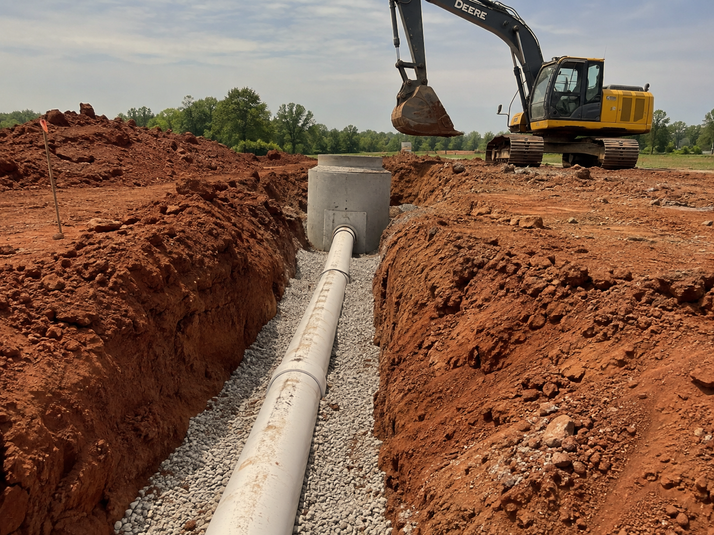 Construction site with a yellow excavator digging a trench for underground piping, with visible gravel and dirt.