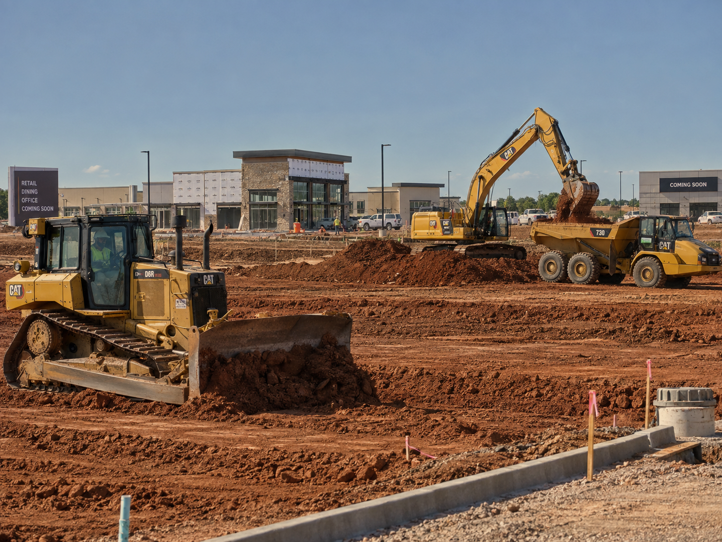 Bulldozer and excavator working on a jobsite in OKC for a shopping center.