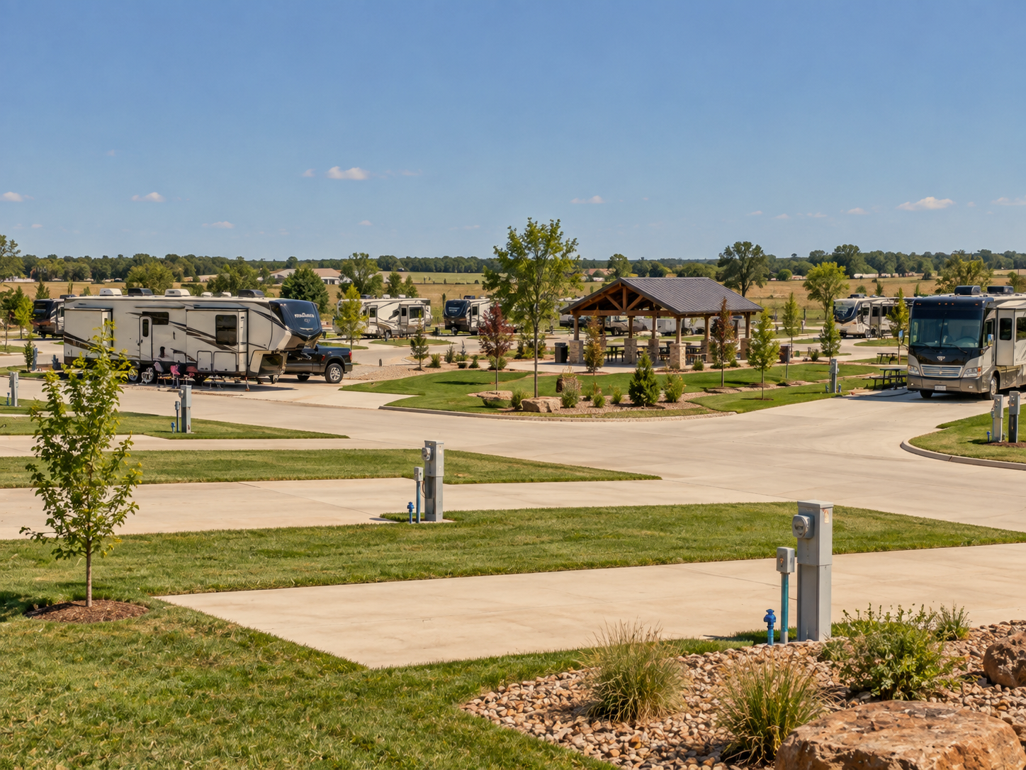 A sunny RV park with multiple RVs parked in designated spots, a central grassy area with small trees and a wooden pavilion with picnic tables, paved roads, and utility hookups.