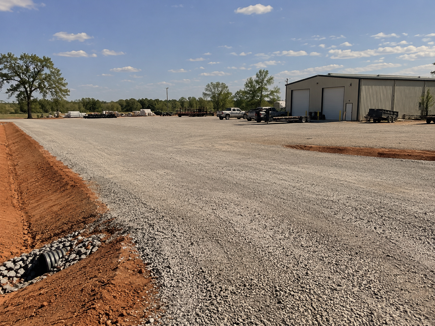 A gravel lot with a metal building, parked trucks, trailers, and trees under a partly cloudy sky.