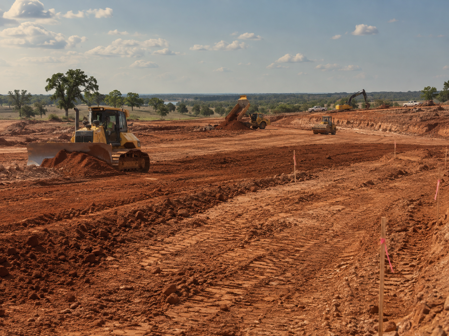 Construction site with heavy machinery working on red dirt, including bulldozers and excavators.
