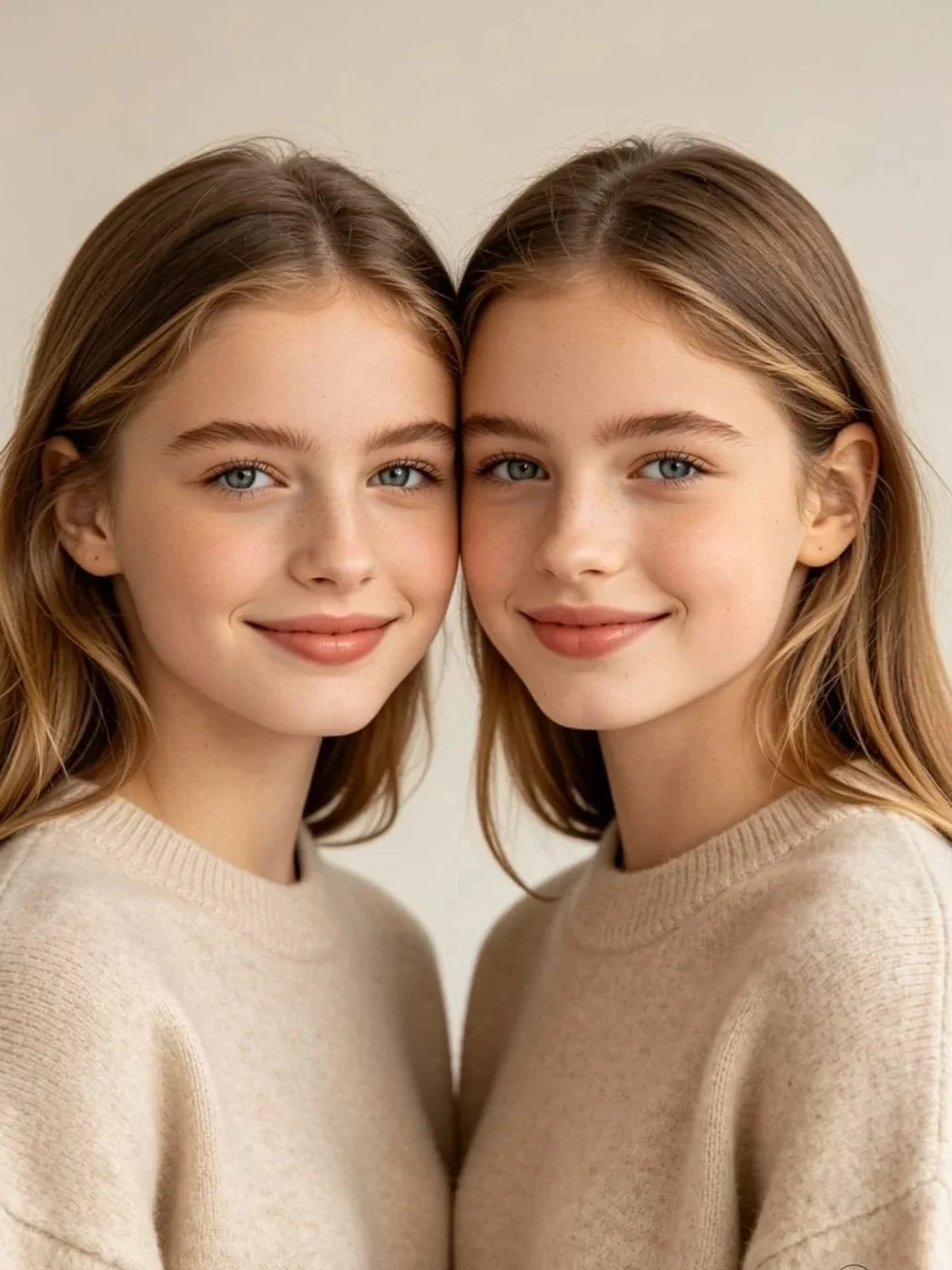 Two young women with similar features and light brown hair, wearing beige sweaters, smiling and standing close together against a neutral background.
