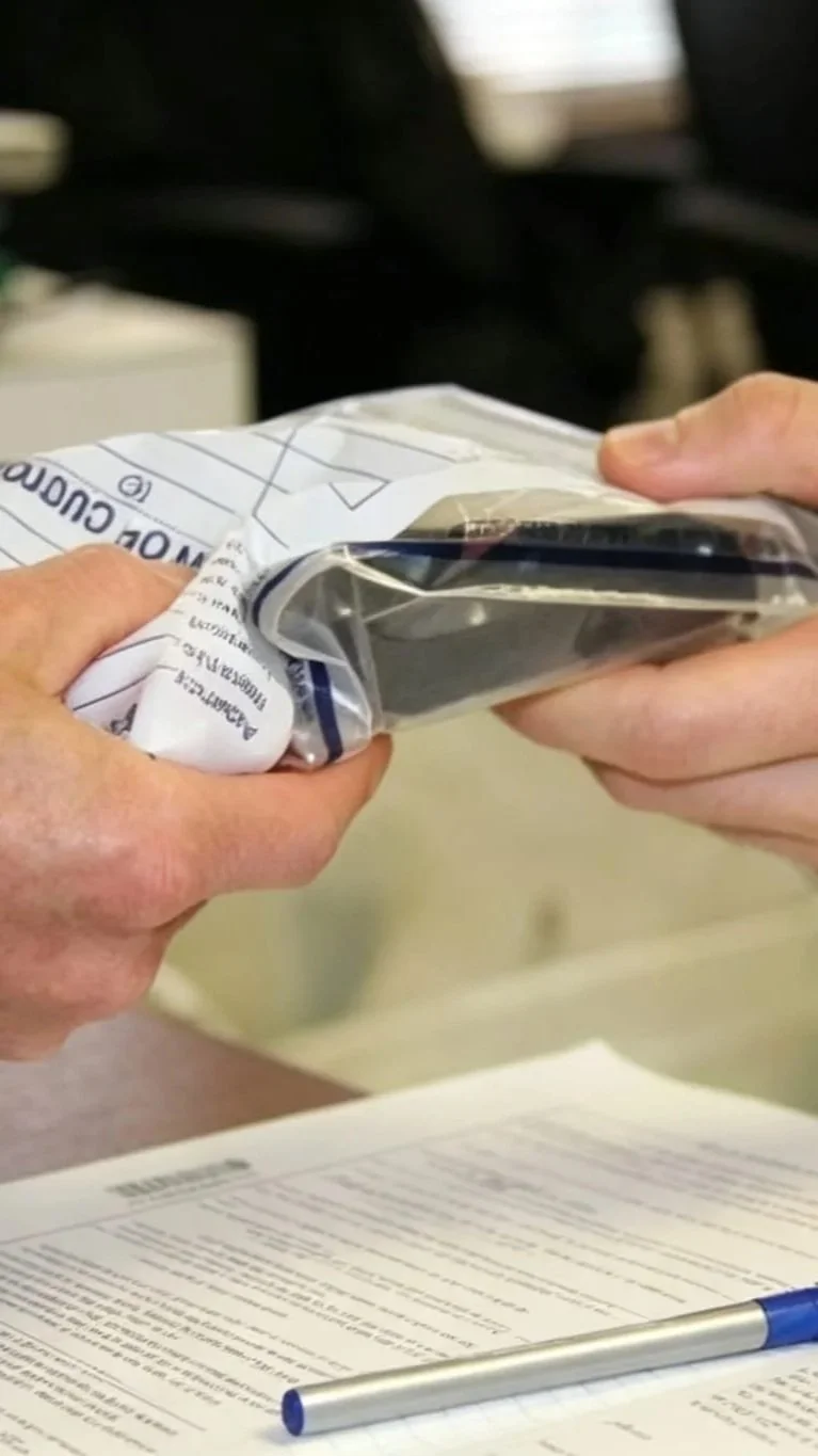 Person opening a plastic-wrapped package or device at a desk with paperwork and a pen nearby.