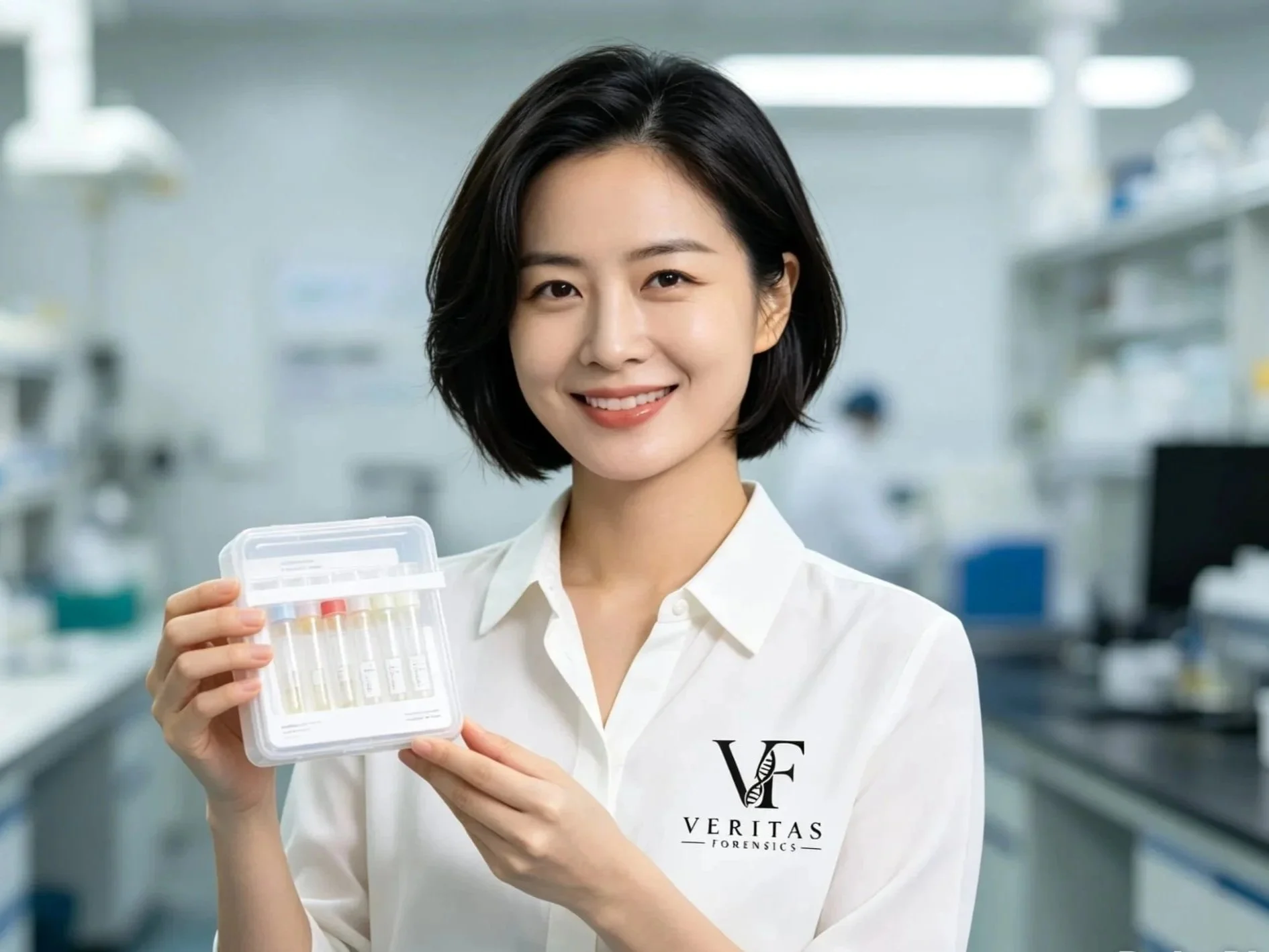 A woman with short black hair smiling and holding a clear plastic container with test tubes filled with liquids in a laboratory.