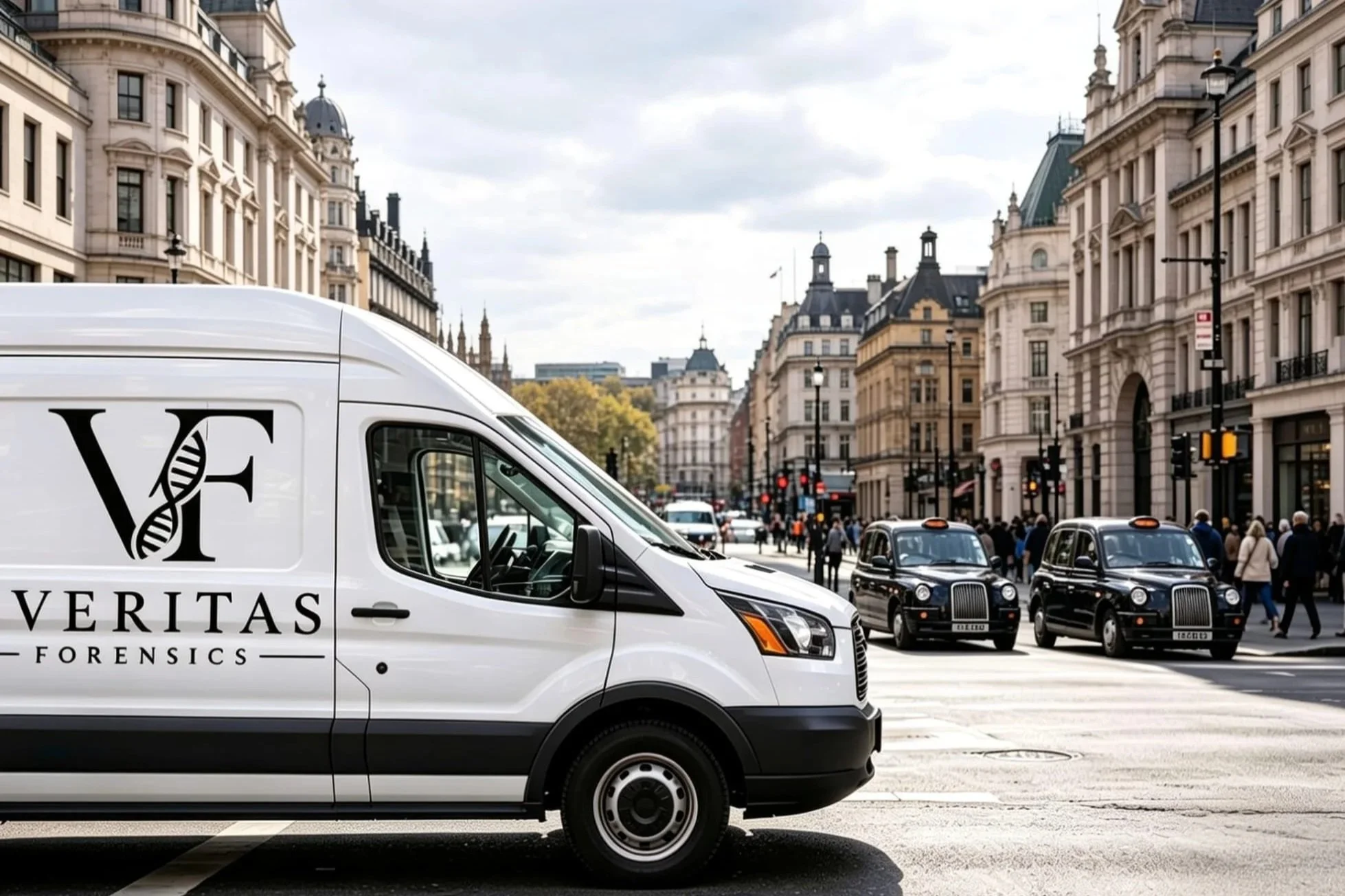 A white forensic investigation van parked on a city street with historic buildings and black taxis in the background.