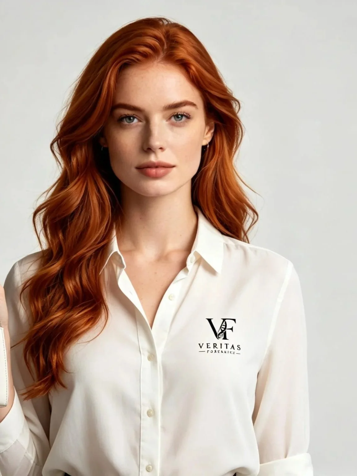 A woman with long, wavy red hair wearing a white button-up shirt with a logo that reads 'VERITAS' and has initials 'VF' on it.