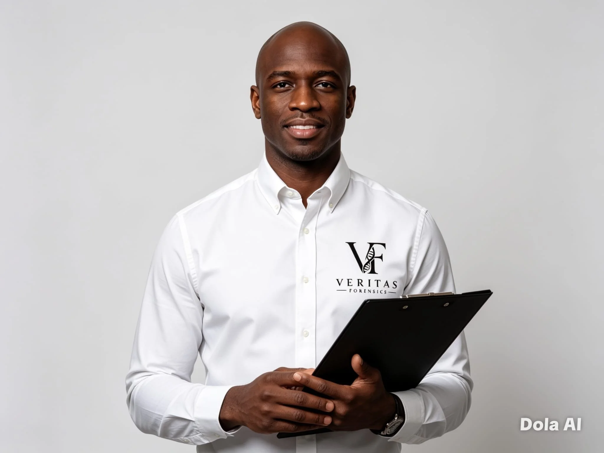 A man dressed in a white shirt with the logos 'VF' and 'VERITAS' is holding a black clipboard and smiling at the camera against a plain white background.