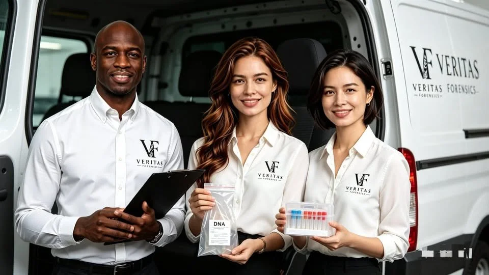 Three forensic scientists standing in front of a van with 'Veritas Forensics' logo, holding DNA samples and laboratory test kits.