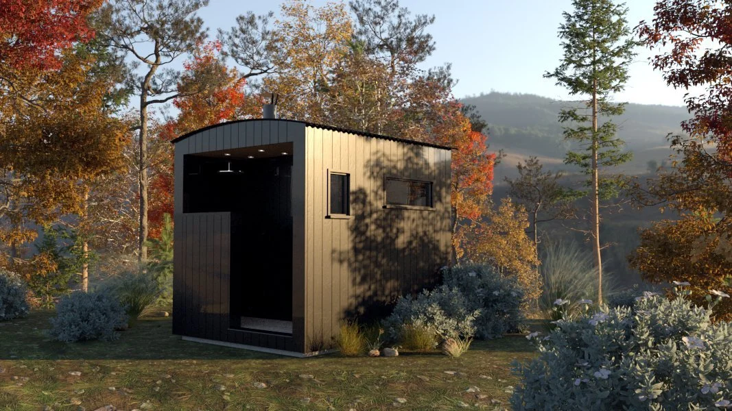 CGI render or a wood sauna on a woodland hilside