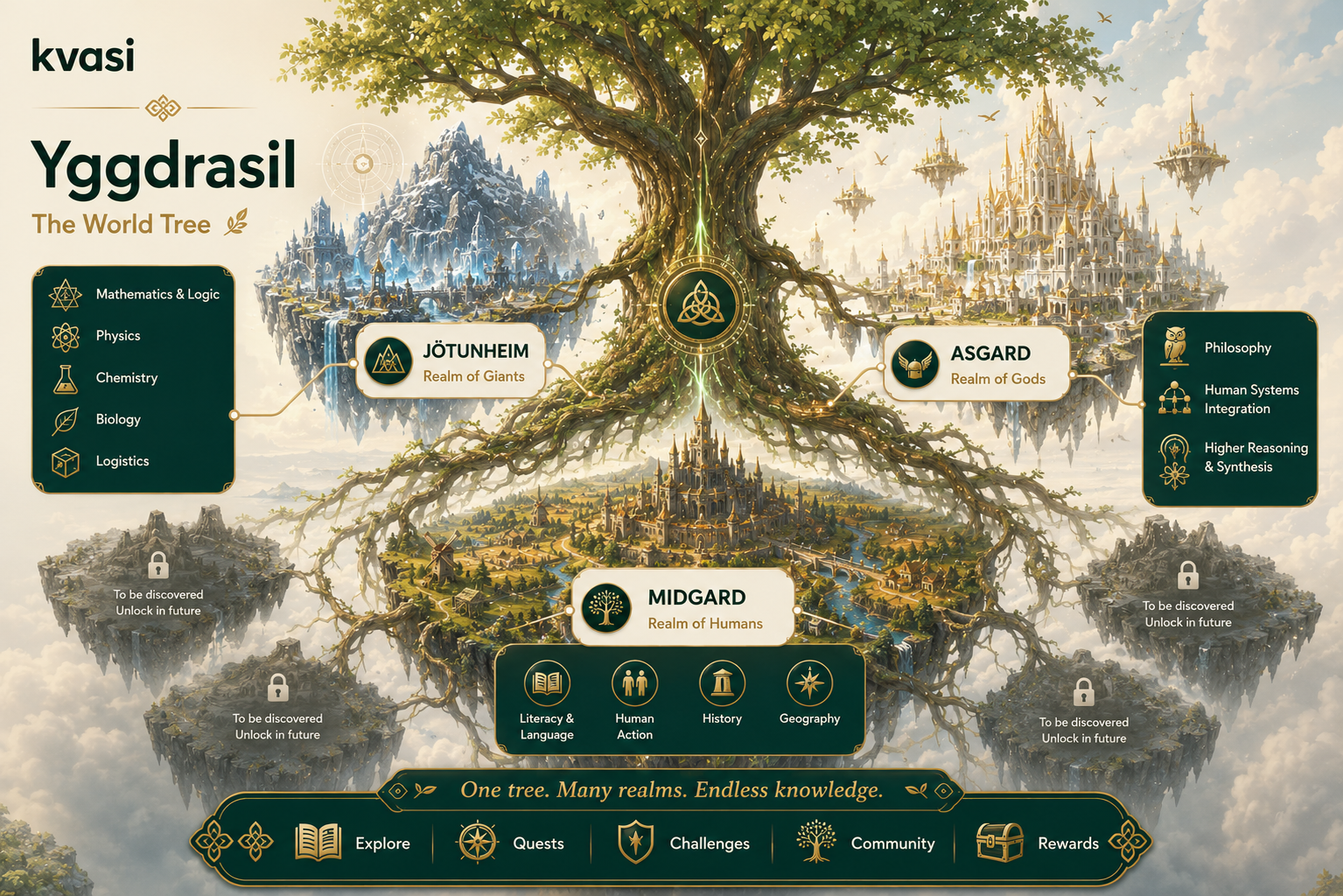 An illustrated fantasy tree labeled 'Yggdrasil: The World Tree', with three main realms: Jotunheim (Realm of Giants) on the left, Asgard (Realm of Gods) on the right, and Midgard (Realm of Humans) at the bottom, connected by branches and roots. Additional icons and text describe knowledge areas and future discoveries.