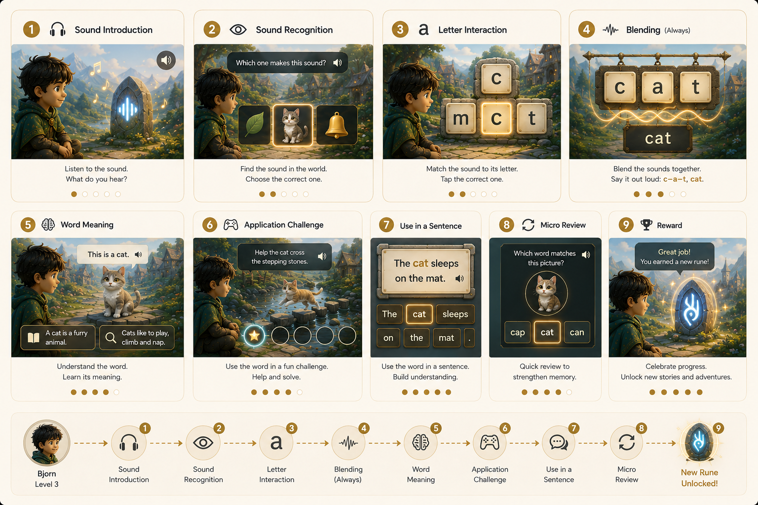 Educational game interface with steps for learning the word "cat". Scenes showing sound introduction, sound recognition, letter interaction, blending sounds, word meaning, application challenge, sentence usage, micro review, and reward. The background features a cartoon boy in a green cloak sitting in a scenic outdoor landscape with mountains, trees, and houses.