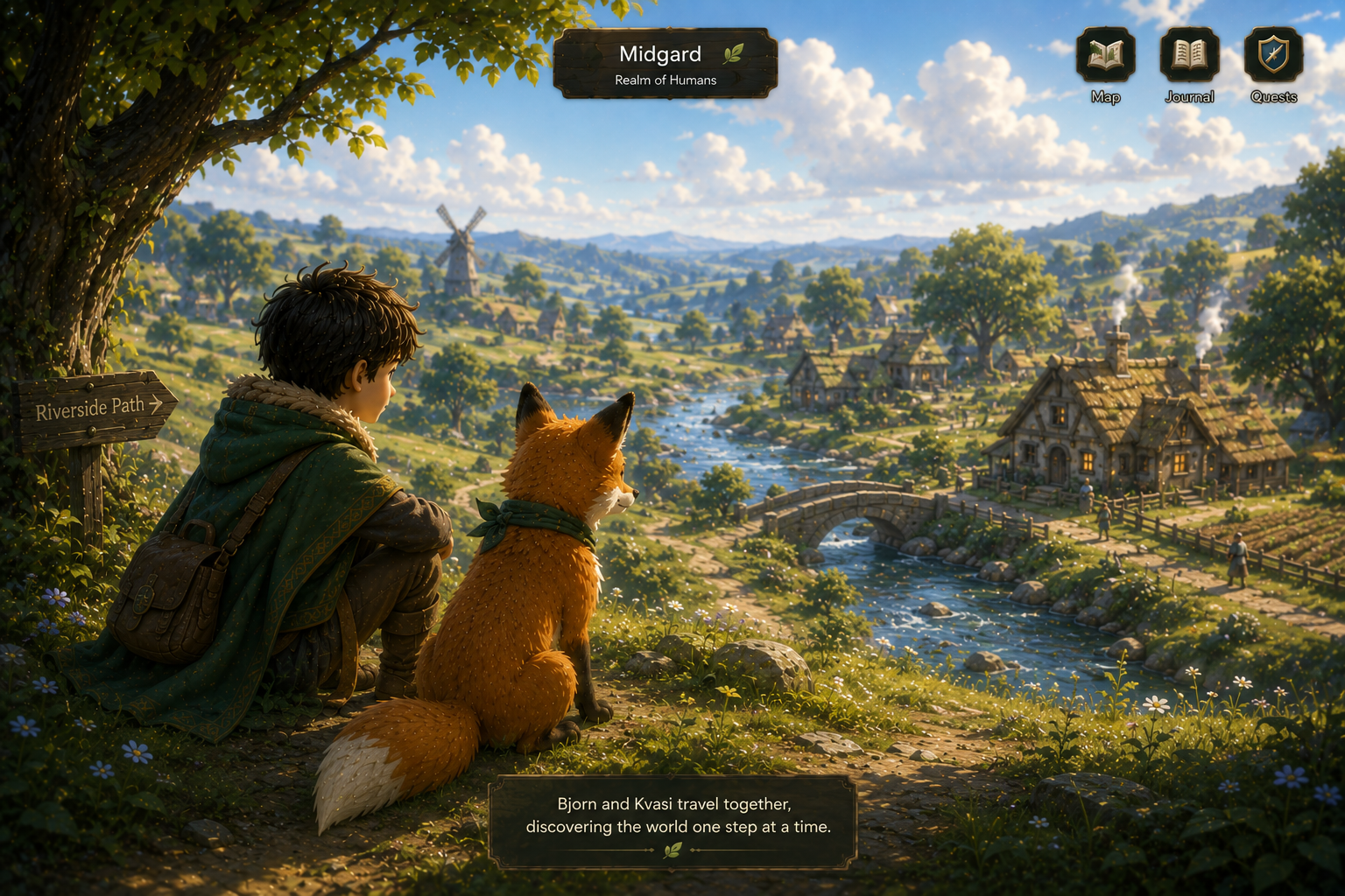A boy and a fox sitting on a hill watching a picturesque village with houses, a bridge over a stream, windmill, and trees in the distance under a clear sky.