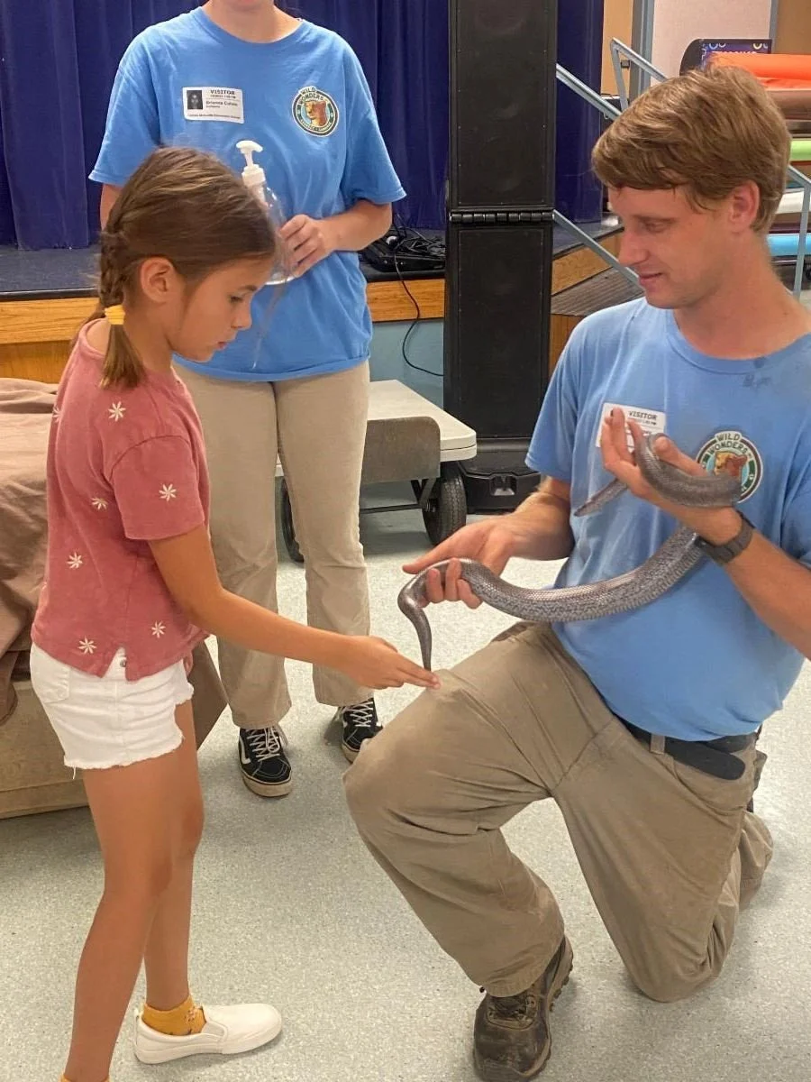 Oceanside students petting a snake with Wild Wonders.