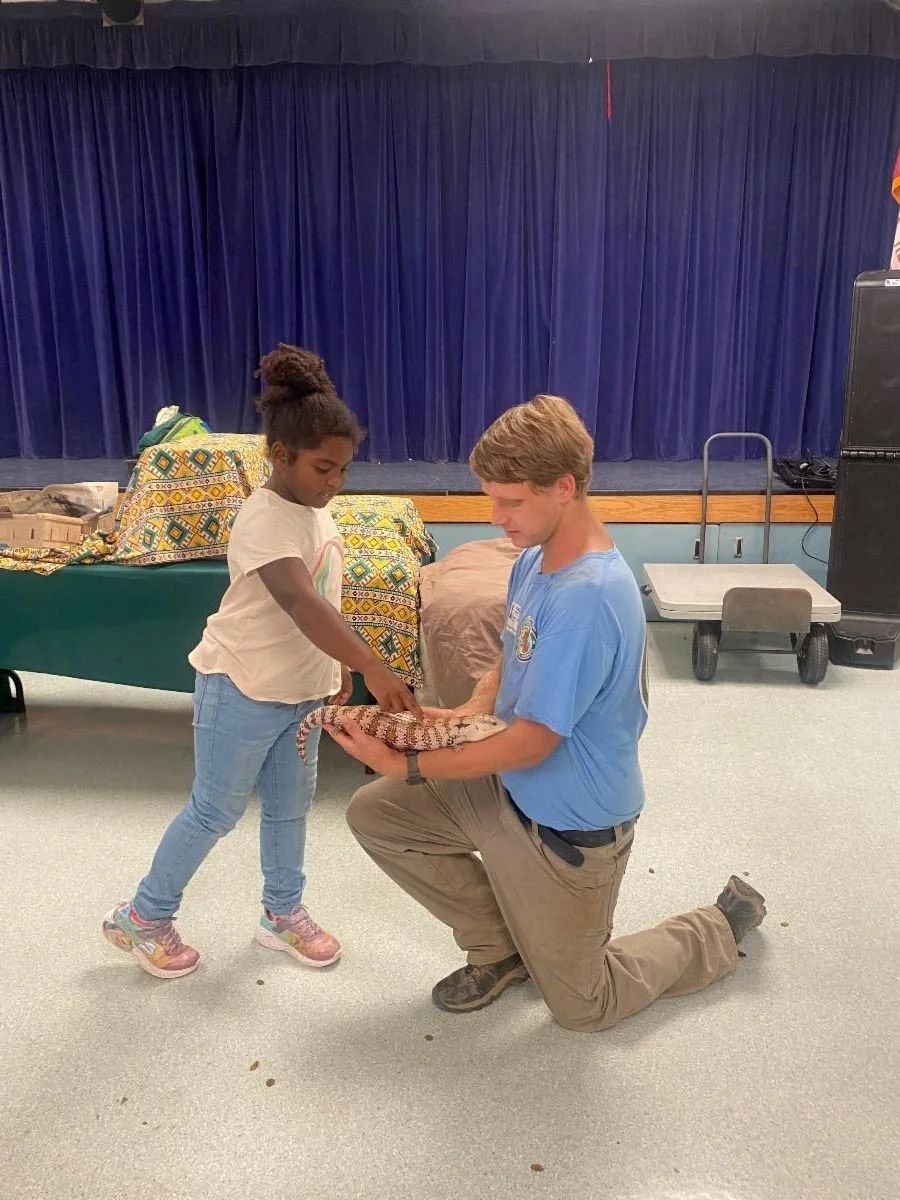 Student petting a lizard with Wild Wonders.