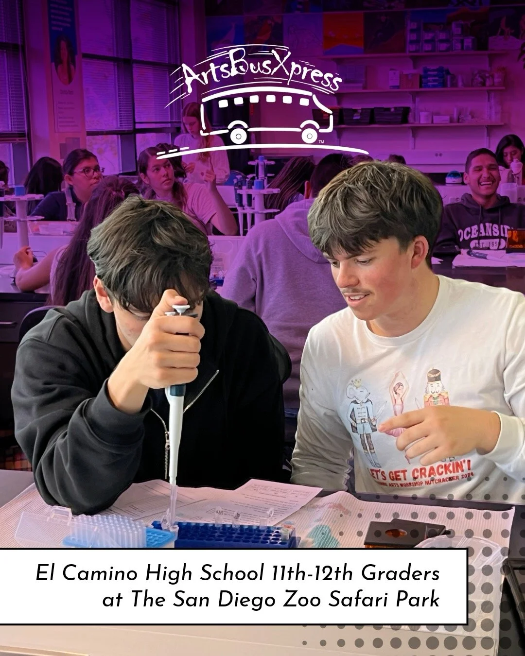 "The trip was wonderful for me and the students. The students were able to go to the Beckman Center and perform a hands-on conservation lab on Rhino Endocrinology. They used pipettes to create a standard to measure progesterone samples from the 