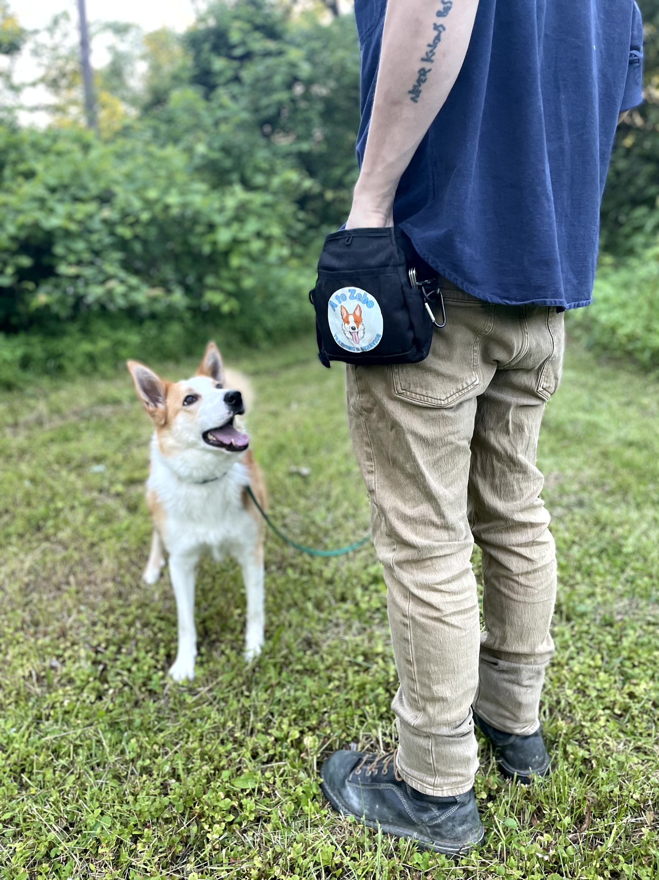 A person standing outdoors on grassy ground with a dog. The person wears tan pants, black boots, a blue shirt, and carries a small black bag with a circular patch featuring a dog and the text 'A to Zebo.' The dog is a brown and white canine, looking up with its mouth open in a happy expression.