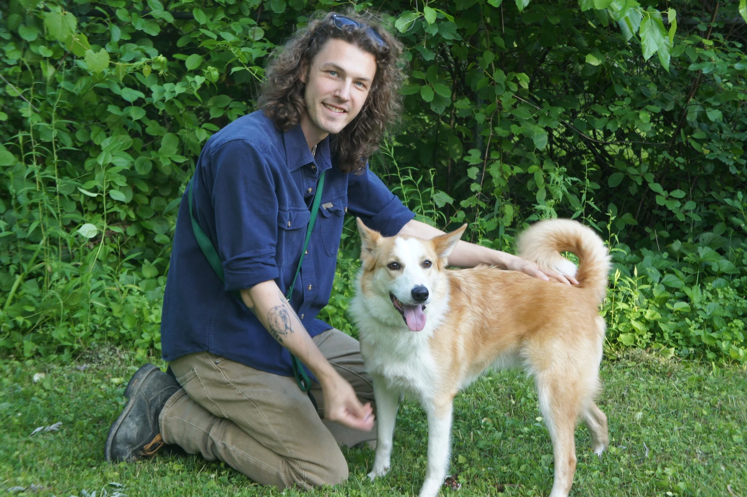 A man with long curly hair kneeing on the grass, smiling, wearing a blue shirt and khaki pants, petting a golden retriever dog outdoors with green foliage in the background.