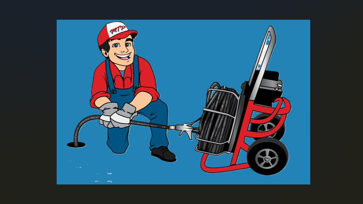 Illustration of a technician in red and blue uniform kneeling next to a hose reel cart with a handheld spray nozzle, set against a blue background.