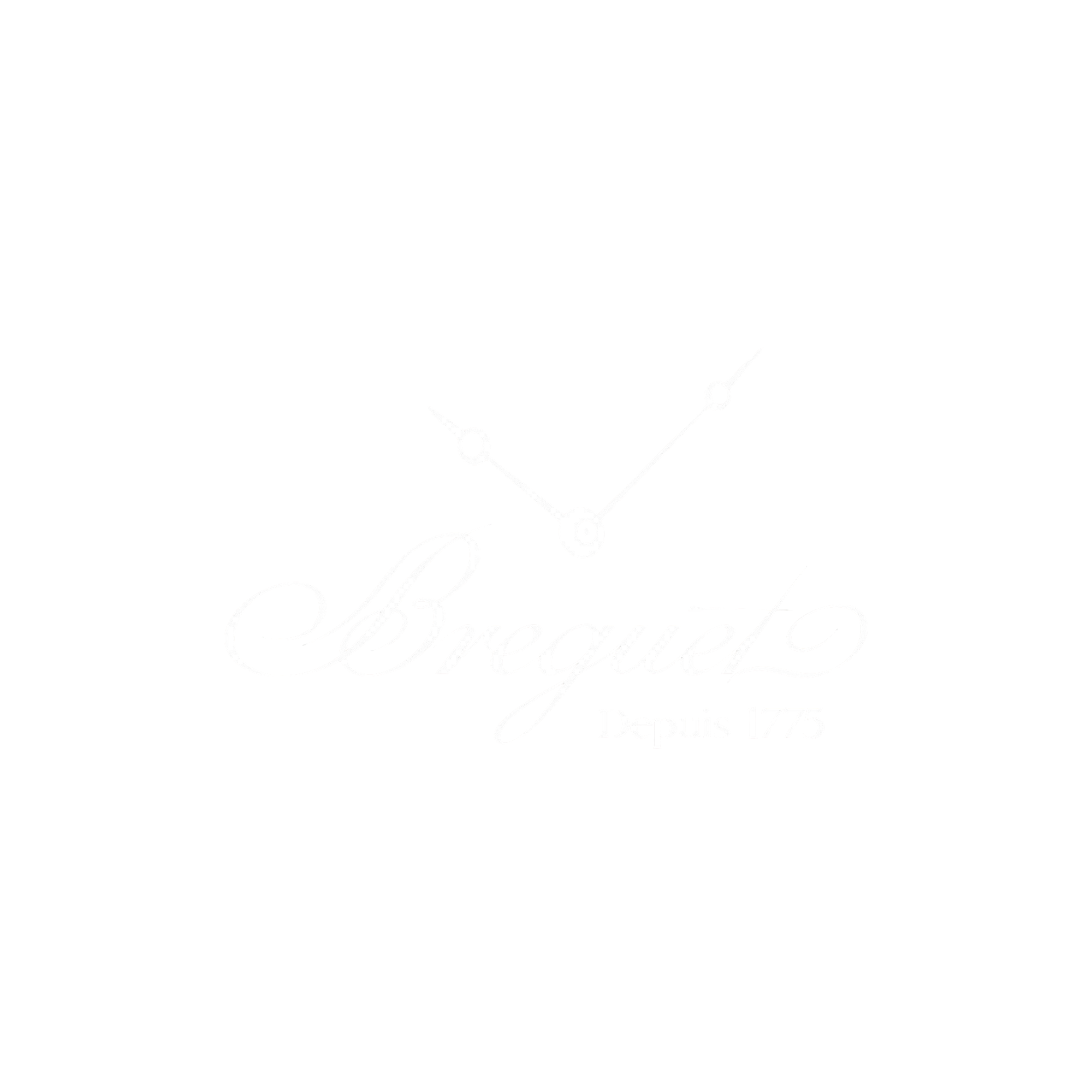 Elegant black background with white cursive text that says 'Breguet' and smaller text below that reads 'Depuis 1775'.