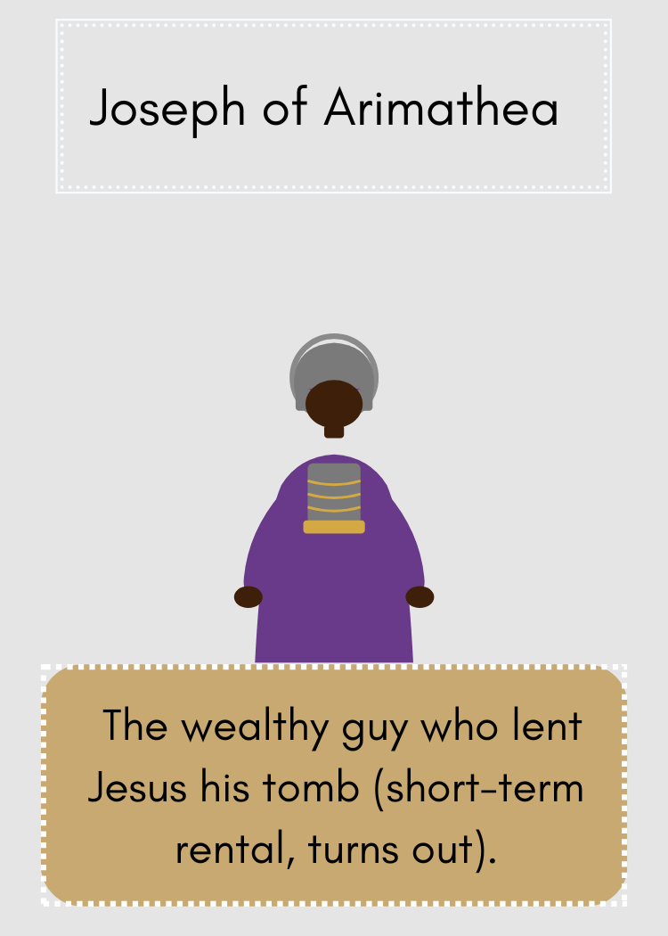 Illustration of Joseph of Arimathea, a wealthy man in a purple robe with gray hair, with a caption explaining he lent Jesus his tomb for burial and it turned out to be a short term rental.