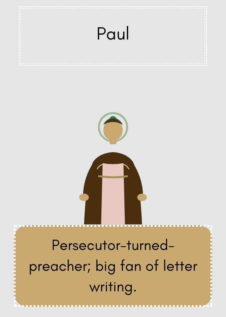 Illustration of a person with a halo, wearing a long coat and pink shirt, with a sign above reading 'Paul' and a descriptive caption about a persecutor-turned-preacher and letter writing.