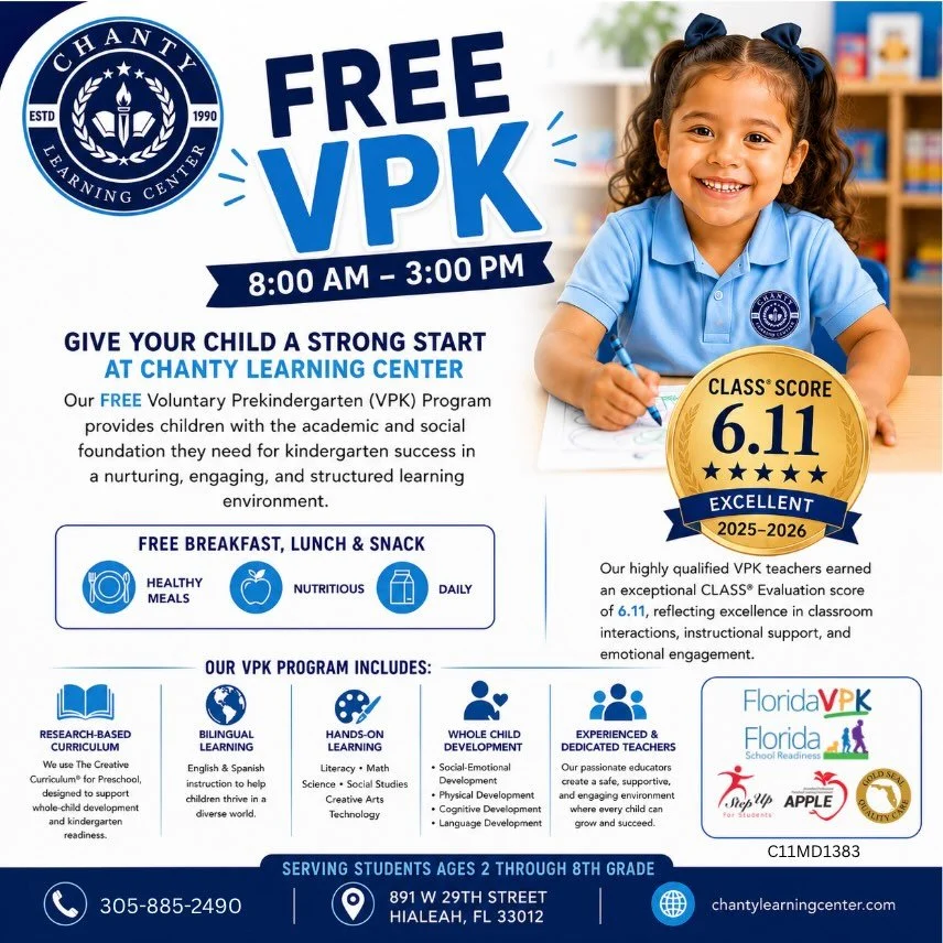 &iexcl;Las inscripciones para VPK GRATIS ya est&aacute;n abiertas en Chanty Learning Center! Br&iacute;ndale a tu hijo/a el mejor comienzo con un ambiente seguro, biling&uuml;e y lleno de aprendizaje para prepararlo para el kindergarten y mucho m&aac