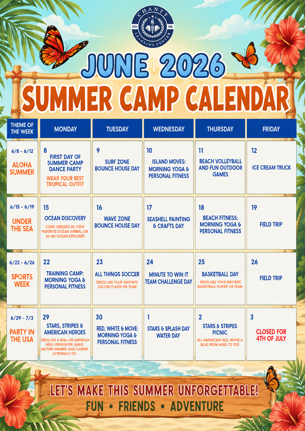 Summer camp calendar for June 2026 with weekly themes, daily activities, and decorative tropical flowers and butterflies.