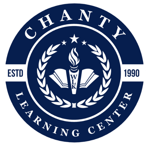 Logo for Chantey Learning Center featuring a circular blue emblem with a torch, open books, stars, and laurel branches.