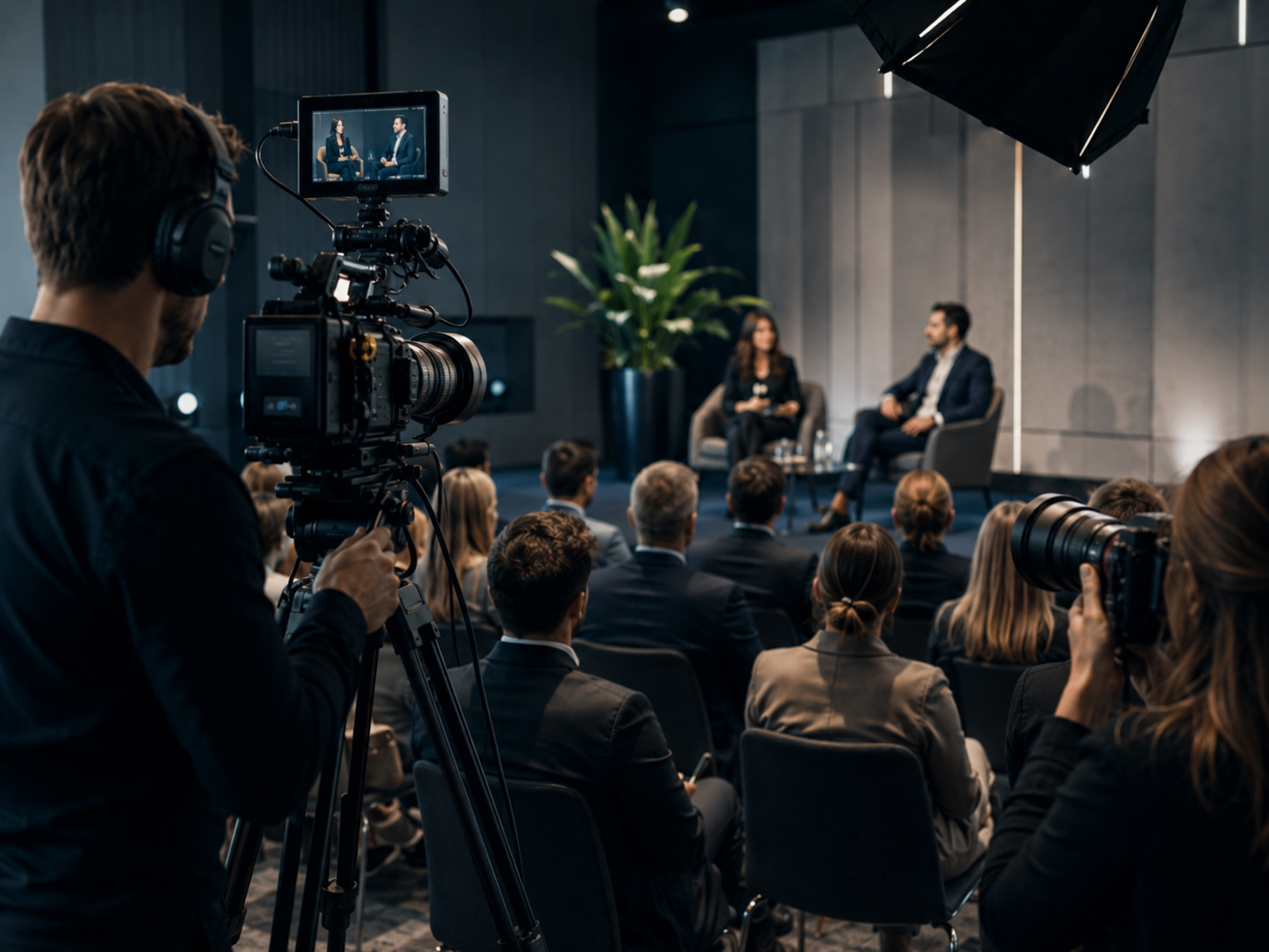 A speaker and a moderator talk on stage during a conference, recorded by a cameraman in the foreground, with an audience of professionals listening.