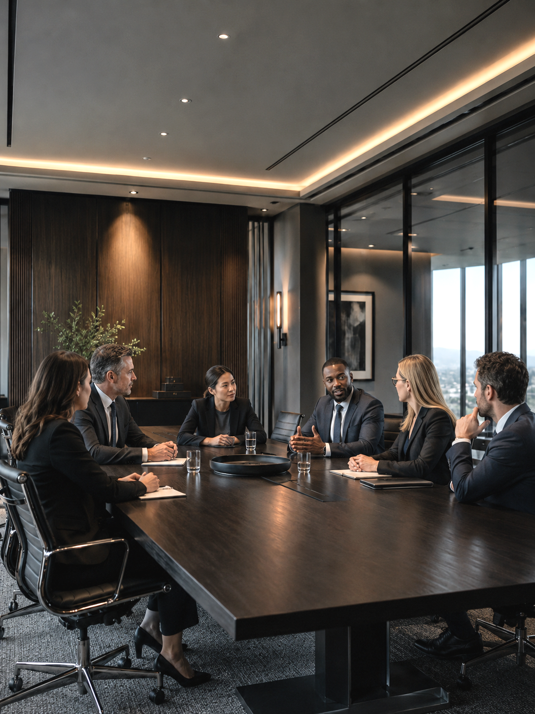 Business meeting in a modern conference room with six professionally dressed individuals seated around a large dark wood table, engaged in discussion.
