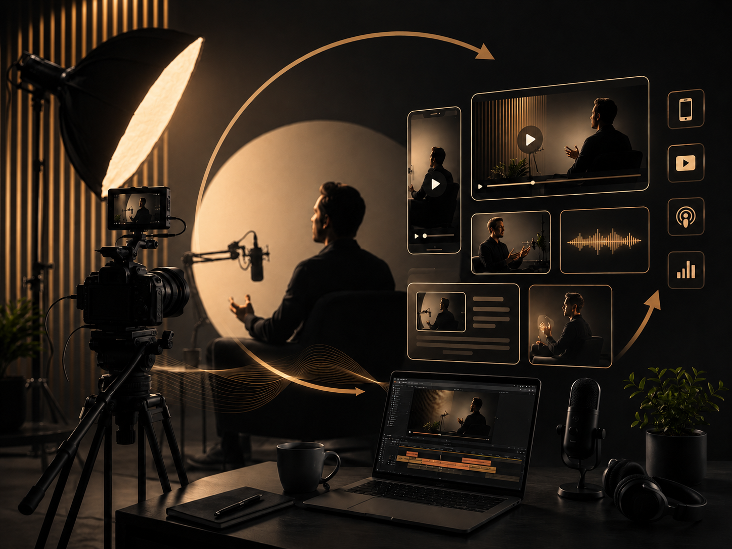 A man in a dimly lit studio is recording a video, with professional camera, microphone, and lighting. The scene includes digital graphics representing video recording, editing, and analytics.