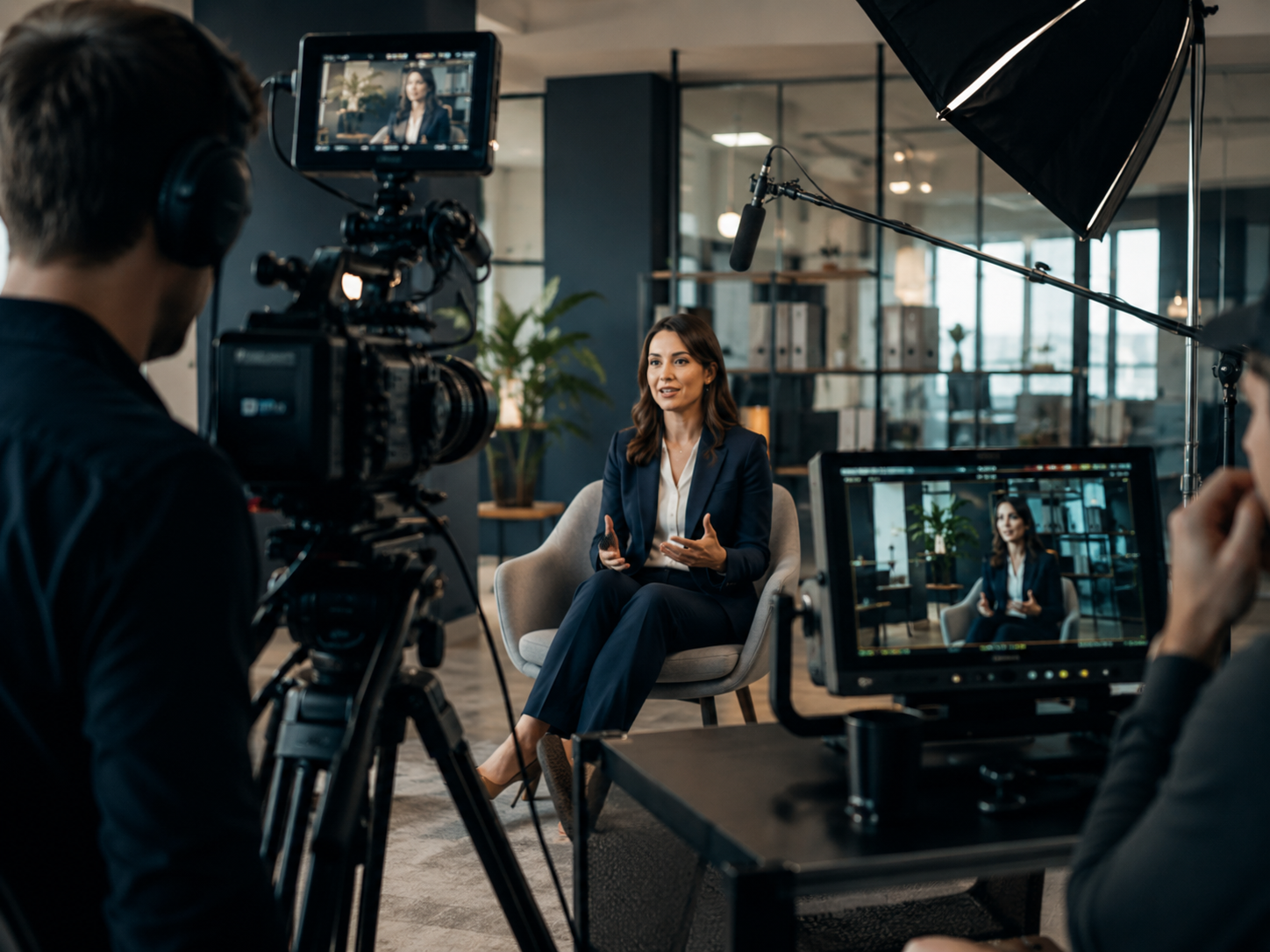 A woman being filmed during an interview in a modern office setting, with professional camera equipment and crew recording her.