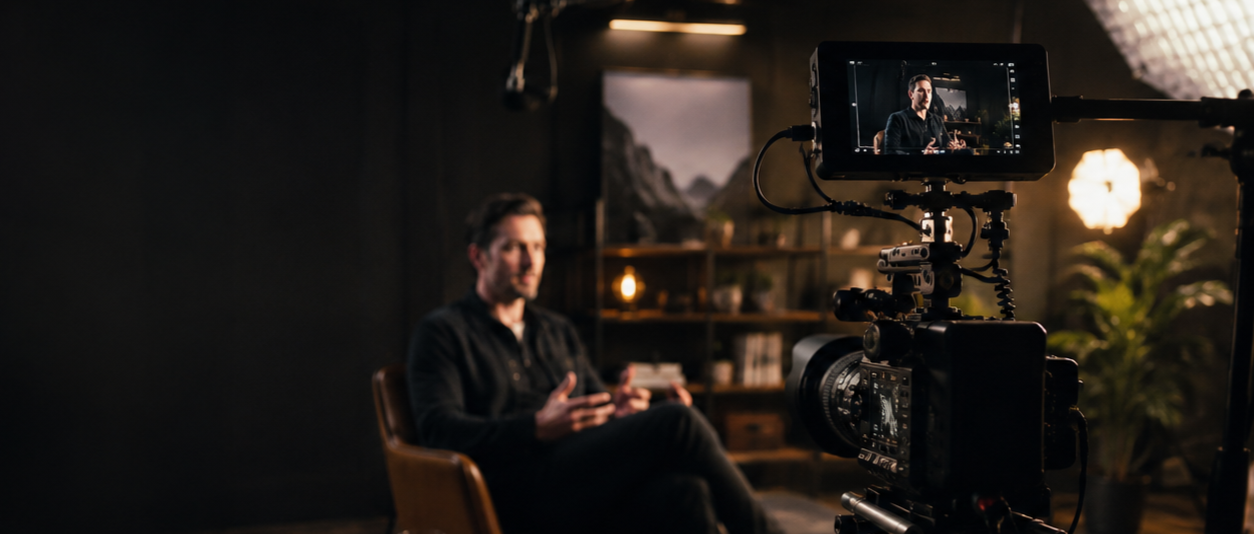 Video recording of a man speaking during an interview or presentation in a dimly lit studio with a camera focused on him.