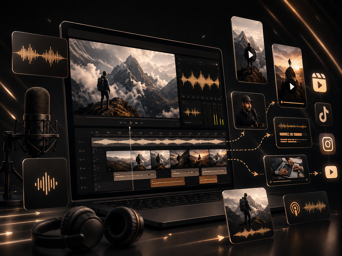Digital illustration of video editing and podcasting with mountain landscape scenes, sound waveforms, a microphone, headphones, and icons for social media platforms.