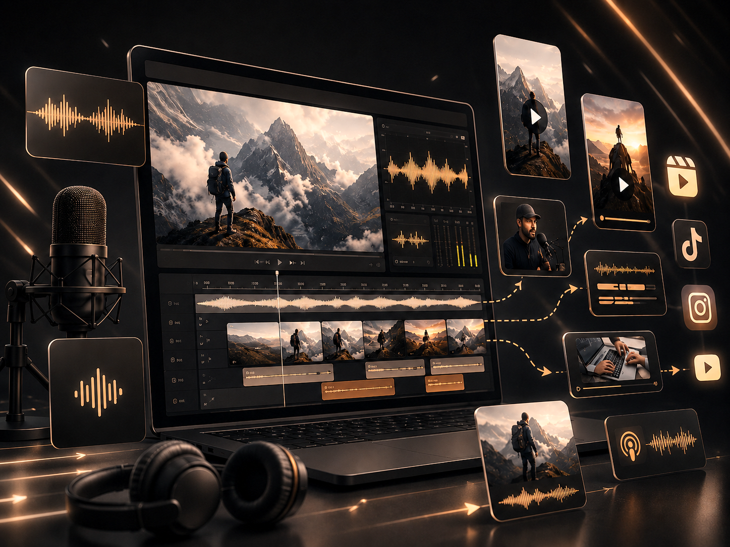 Digital illustration of a video editing setup with a laptop, microphone, headphones, and visual media icons representing video, audio, and social media platforms, all centered around a mountain landscape scene on the laptop screen.