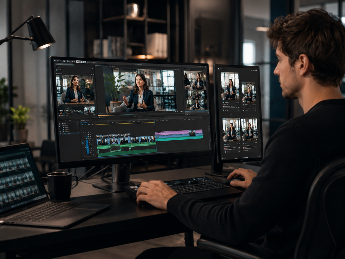 A man editing a video interview of a woman on a computer in a modern office with dual monitors and multiple video clips on the screen.