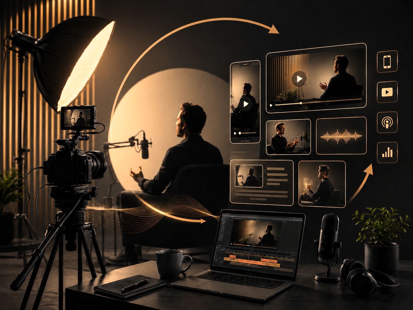 A man in a dark suit is filming a video in a professional studio setup with lighting, camera, and a dark background. Digital graphics show video editing and social media icons, with a laptop, microphone, and headphones on a table nearby.