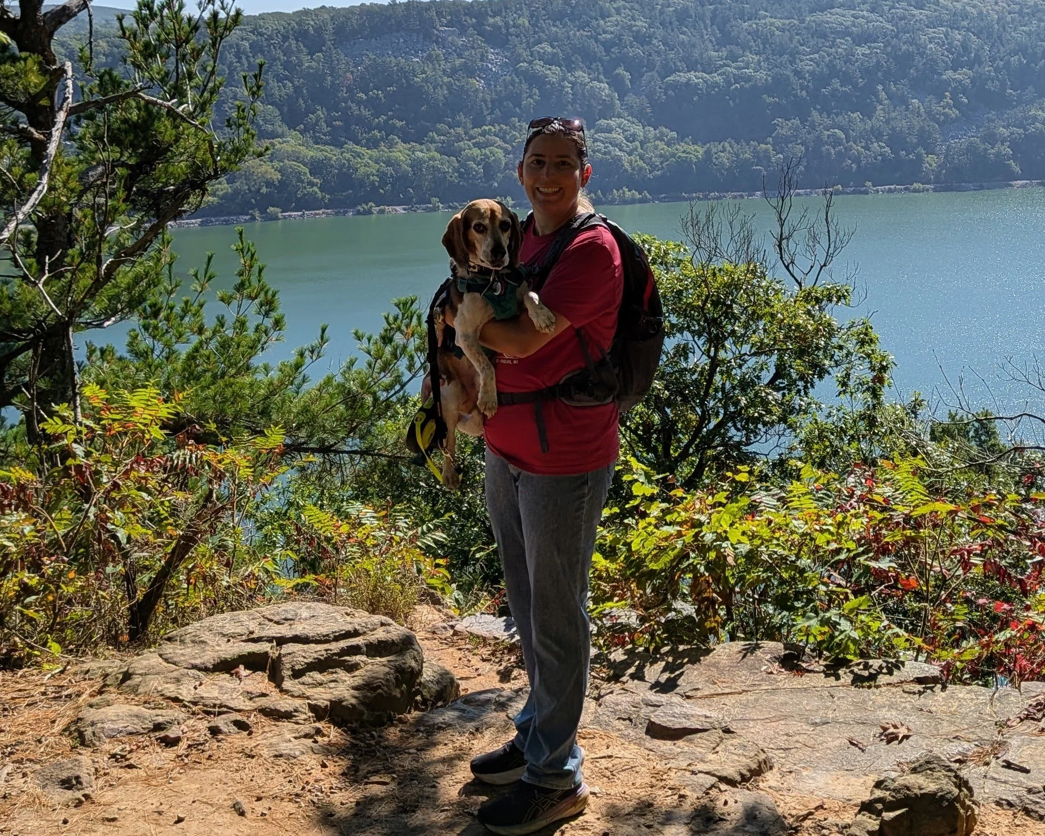 A person holding a dog on a trail by a lake with forested hills in the background.