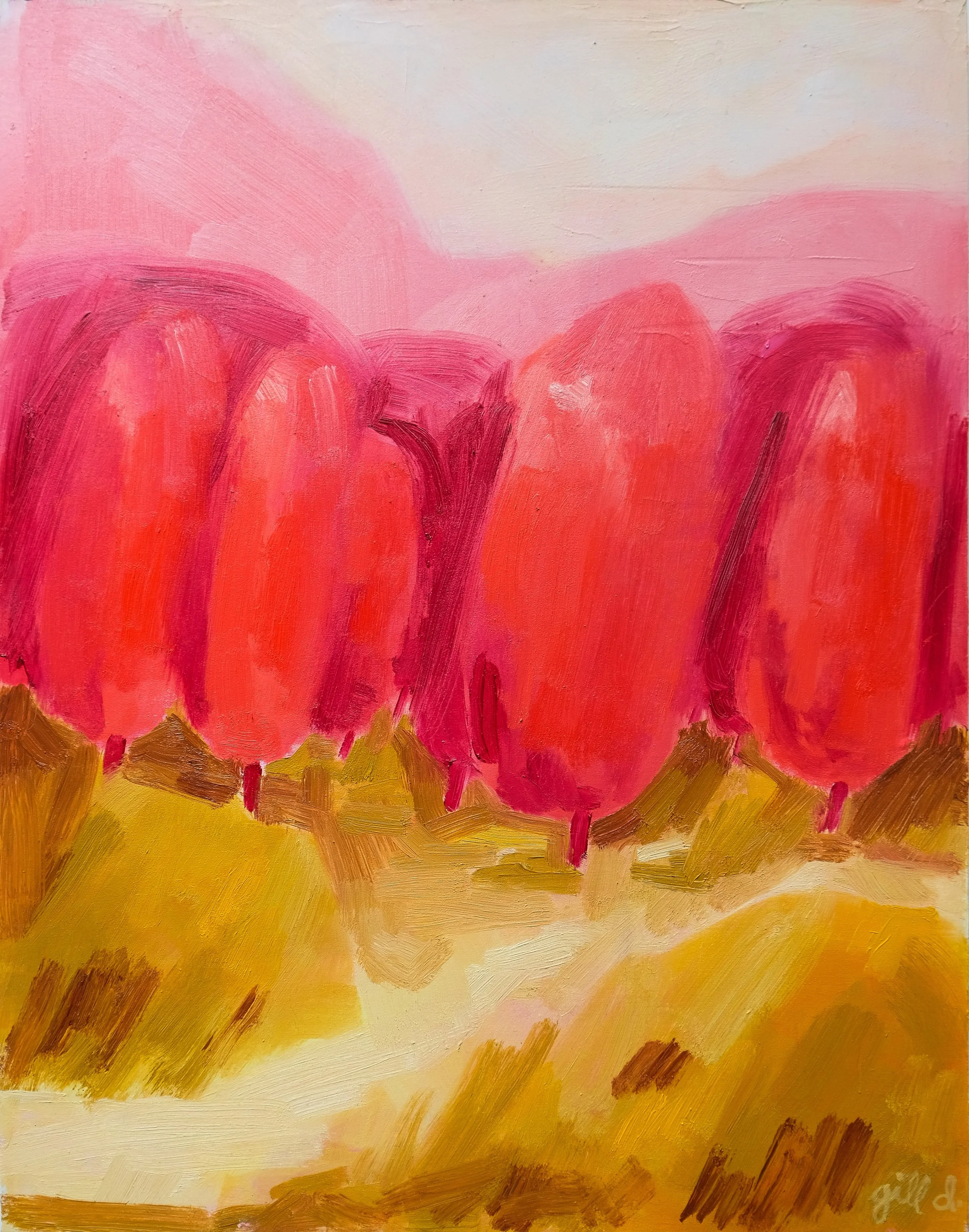 Abstract painting with warm colors, primarily pink, red, and yellow, with brushstrokes creating a textured appearance.
