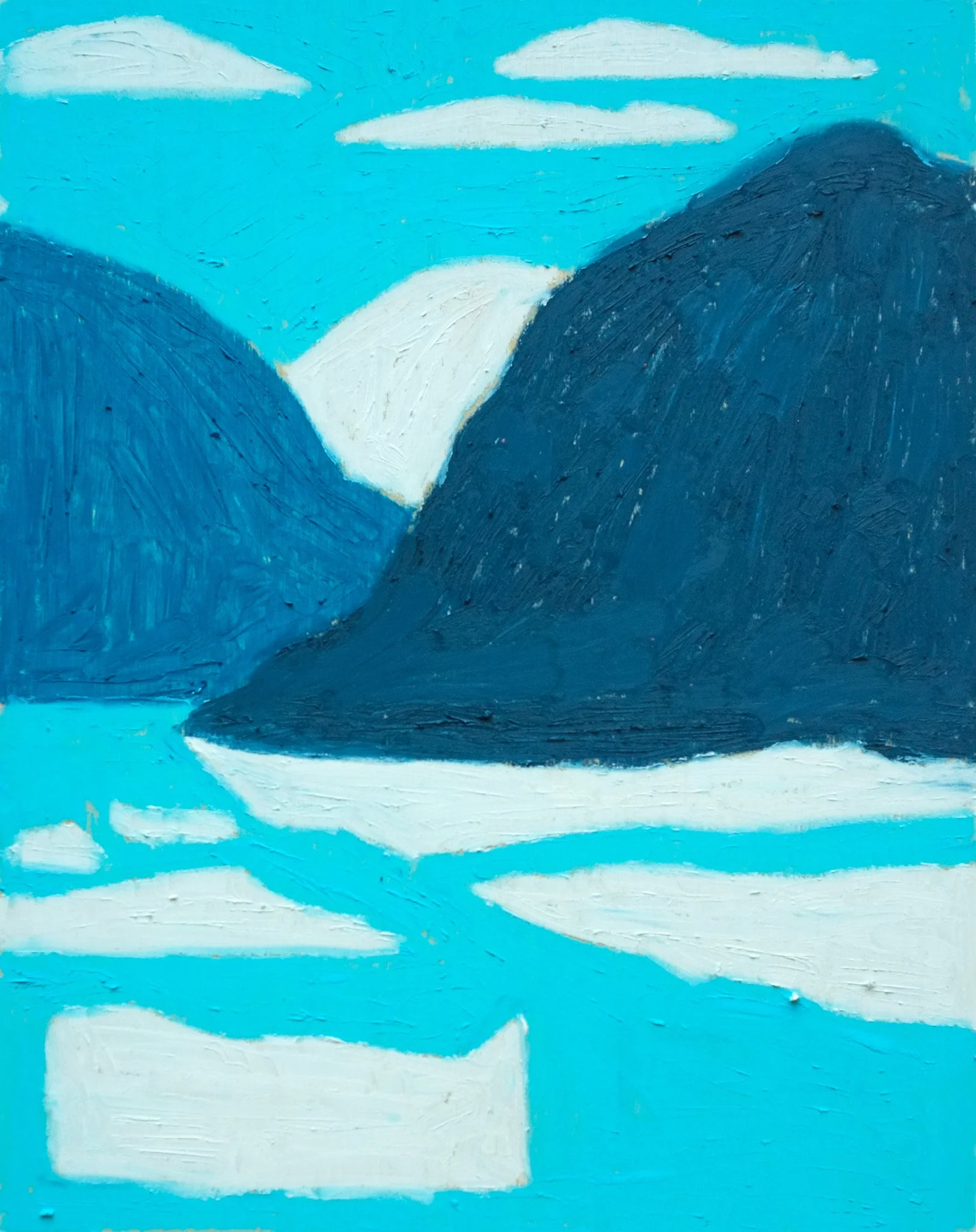 A painting of a seascape with blue water, white waves, and a sky with a few clouds.